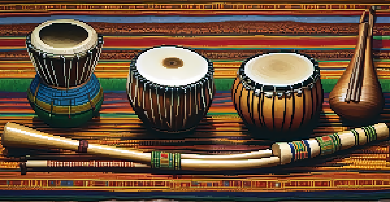 A close-up of traditional musical instruments for ritual dance, including drums and flutes, displayed on a woven mat with intricate patterns.