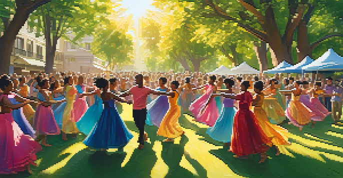A lively community dance performance in a park with diverse dancers in colorful costumes, joyful expressions, and an engaged audience clapping along.