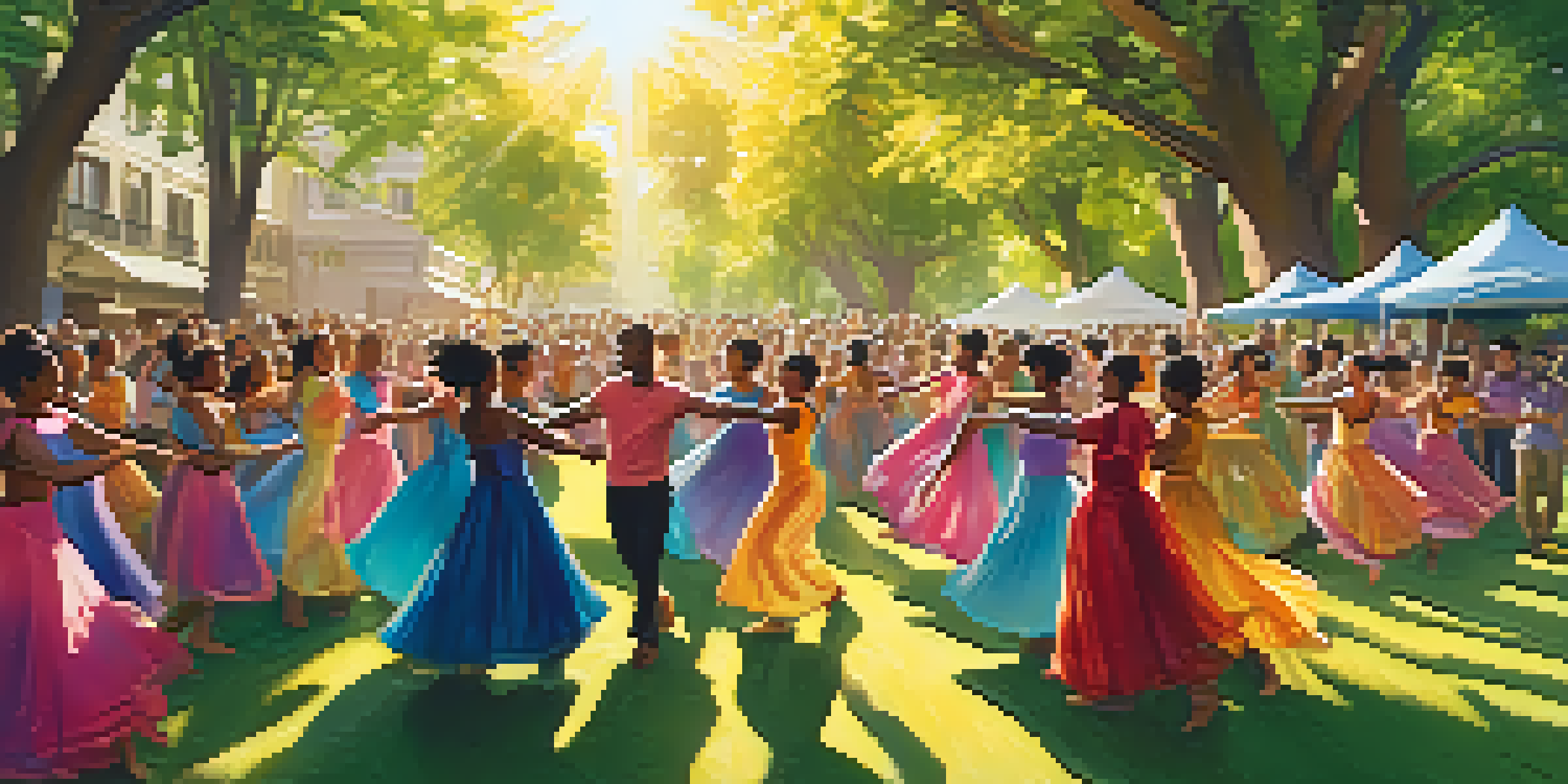 A lively community dance performance in a park with diverse dancers in colorful costumes, joyful expressions, and an engaged audience clapping along.