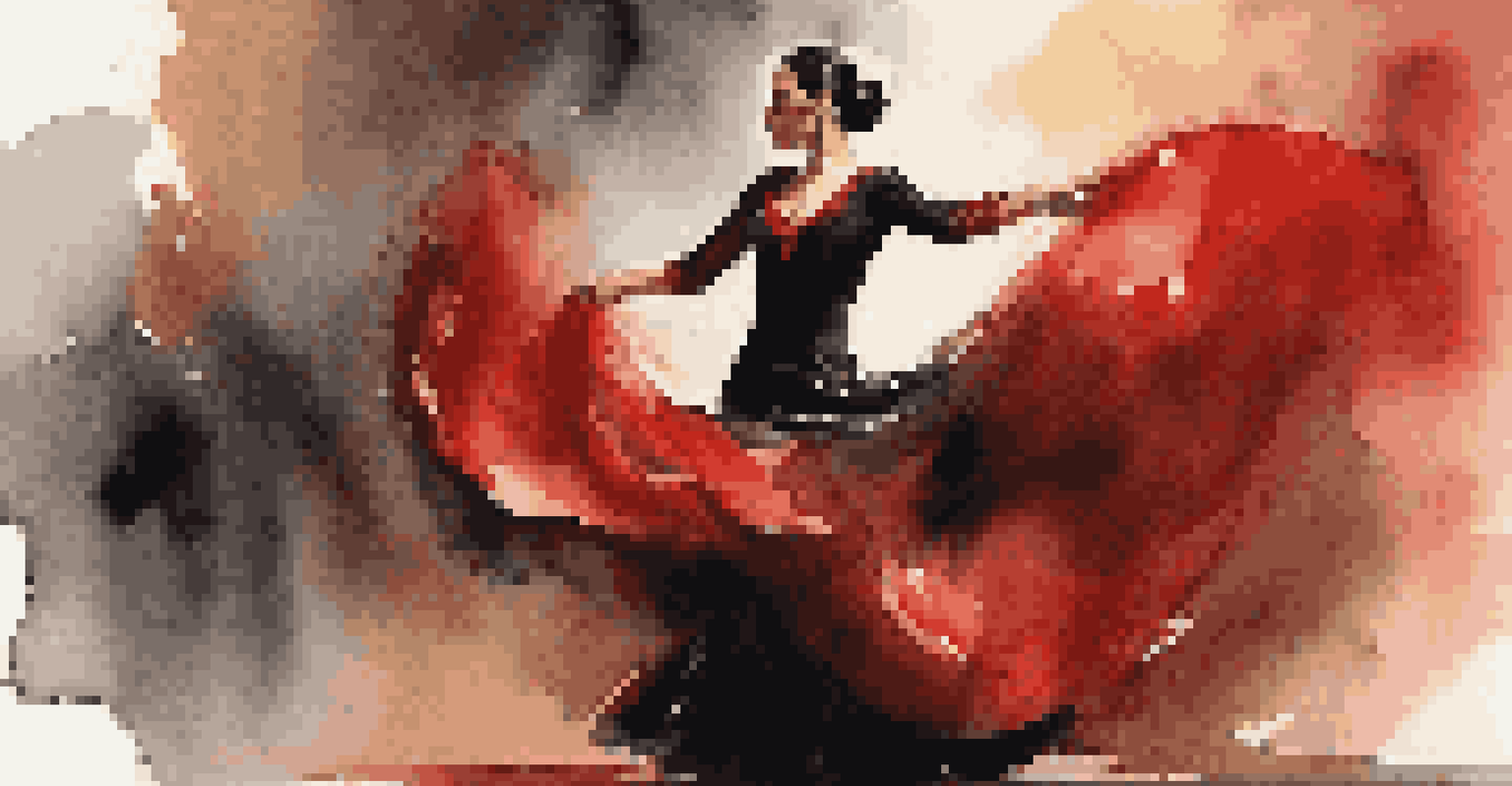 A flamenco dancer performing passionately on stage, wearing a red and black costume, with a warm light backdrop.