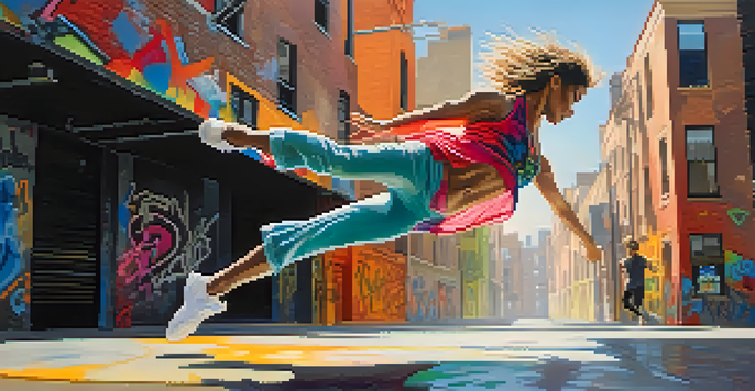 A contemporary dancer leaping in an urban environment with colorful graffiti, sunlight creating shadows.