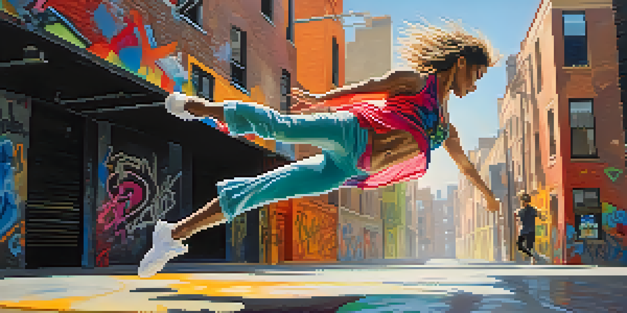 A contemporary dancer leaping in an urban environment with colorful graffiti, sunlight creating shadows.