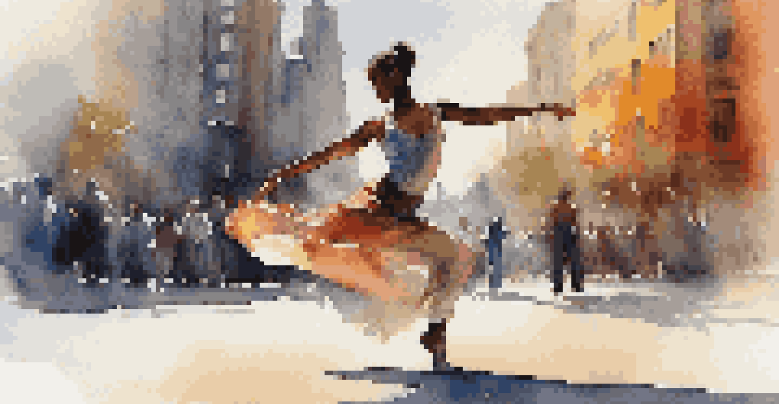 A close-up of a dancer performing freestyle with intricate footwork, set against a blurred urban background.