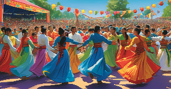 A lively outdoor dance festival with diverse dancers in traditional and contemporary costumes performing on stage, surrounded by an enthusiastic crowd and a bright blue sky.