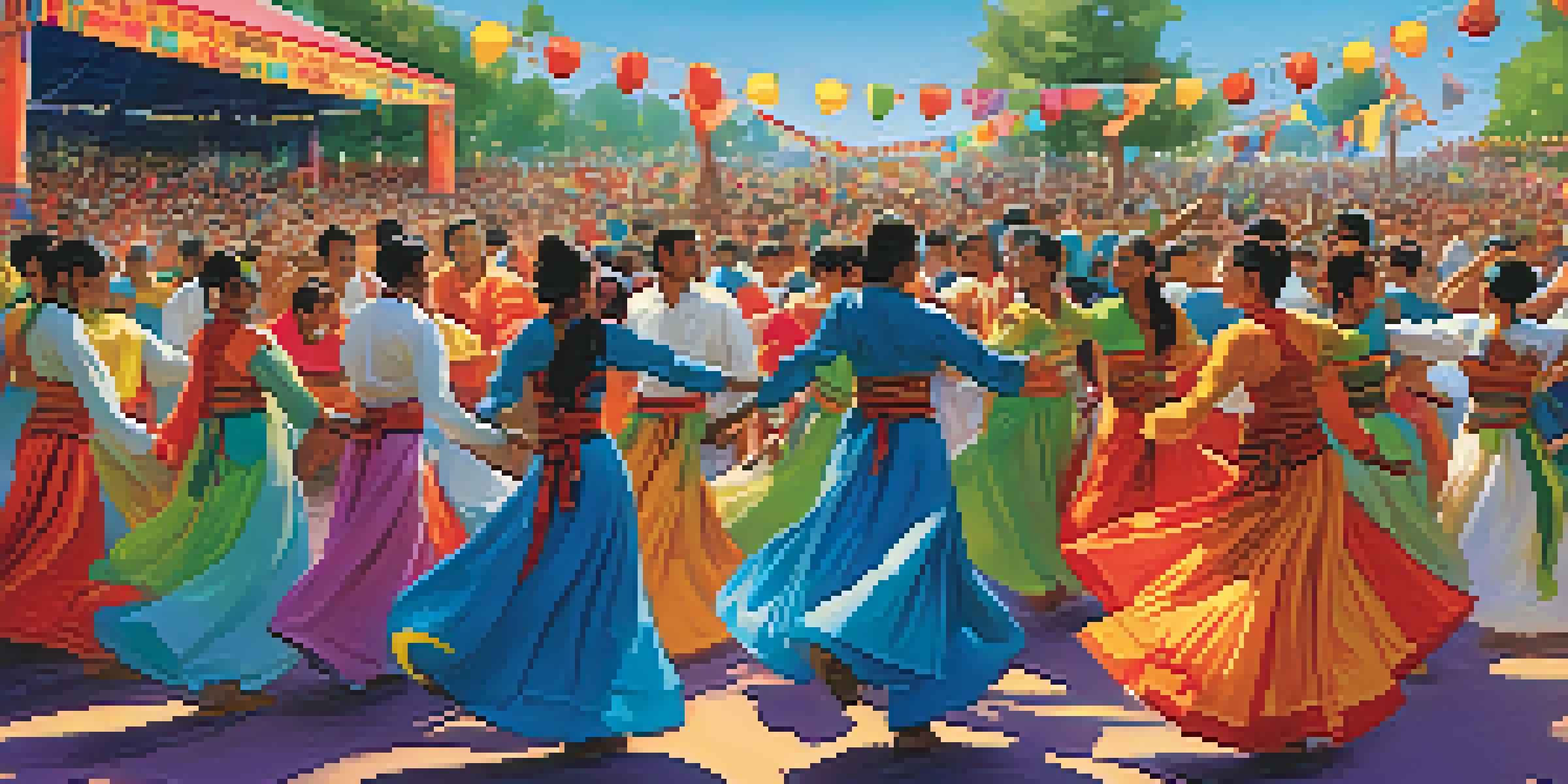 A lively outdoor dance festival with diverse dancers in traditional and contemporary costumes performing on stage, surrounded by an enthusiastic crowd and a bright blue sky.
