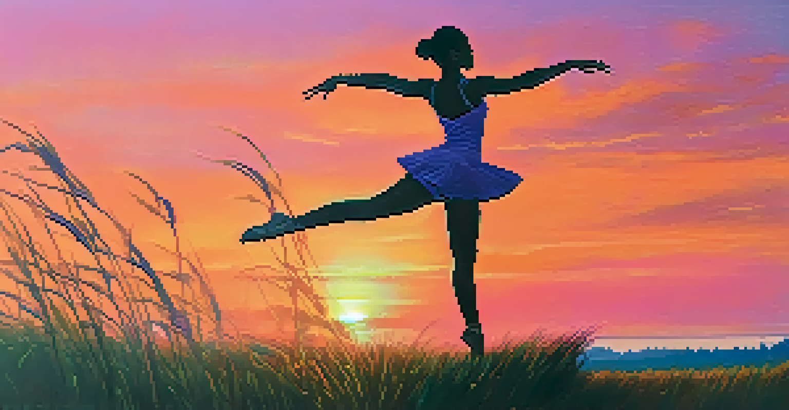 A dancer stretching outdoors at sunset, silhouetted against a colorful sky with vibrant shades of orange and pink, surrounded by lush green fields and tall grasses.
