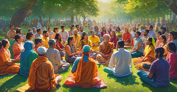 A diverse group of people happily participating in a Kirtan session outdoors, singing and clapping in a circle on a grassy field, with sunlight filtering through the trees.