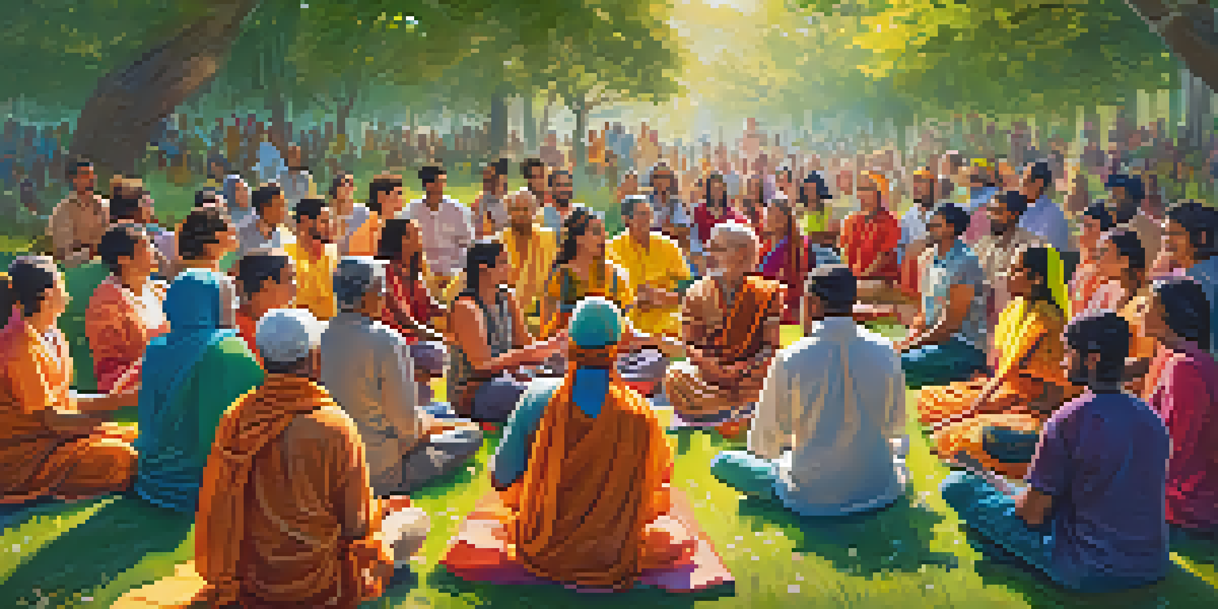 A diverse group of people happily participating in a Kirtan session outdoors, singing and clapping in a circle on a grassy field, with sunlight filtering through the trees.