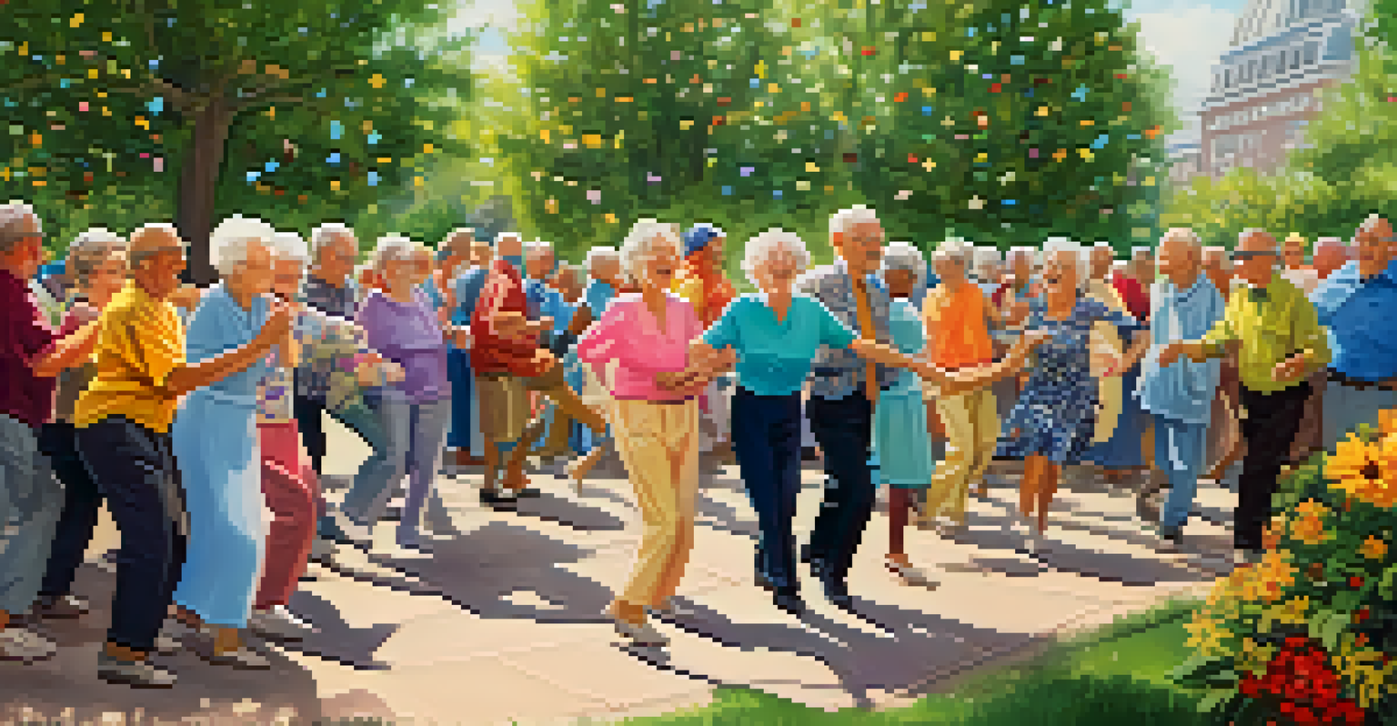 Seniors dancing joyfully in a park surrounded by greenery and flowers.