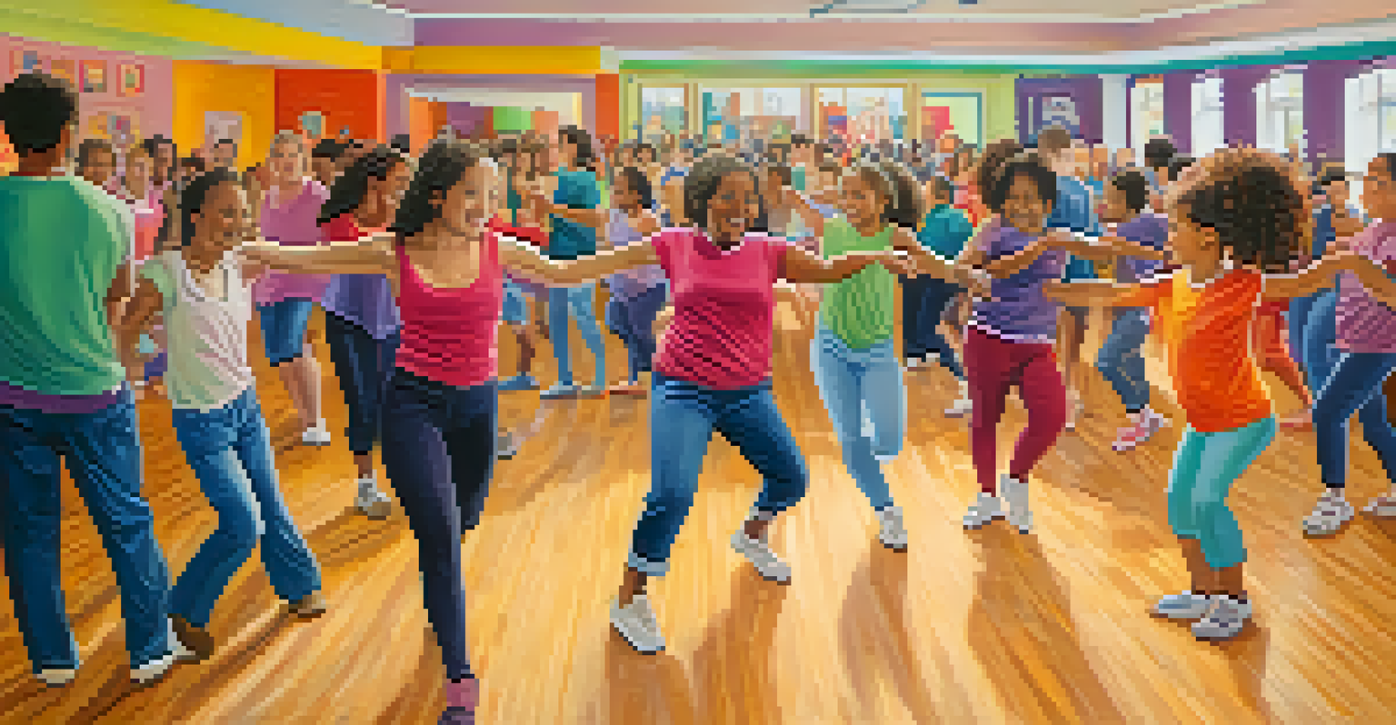 Participants of different ages and body types enjoying a lively dance class, smiling and showcasing community spirit.