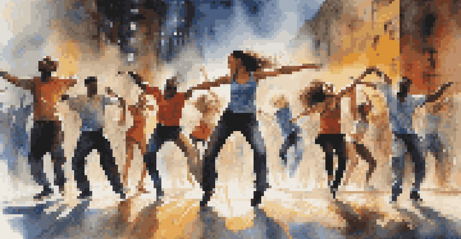 A group of dancers performing an energetic routine in an urban-themed setting, with expressions of joy and determination.