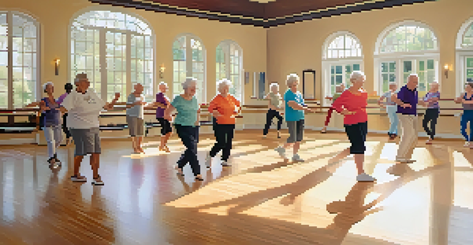 A dance studio filled with older adults happily participating in a group dance class, with mirrors and wooden floors illuminated by soft natural light.