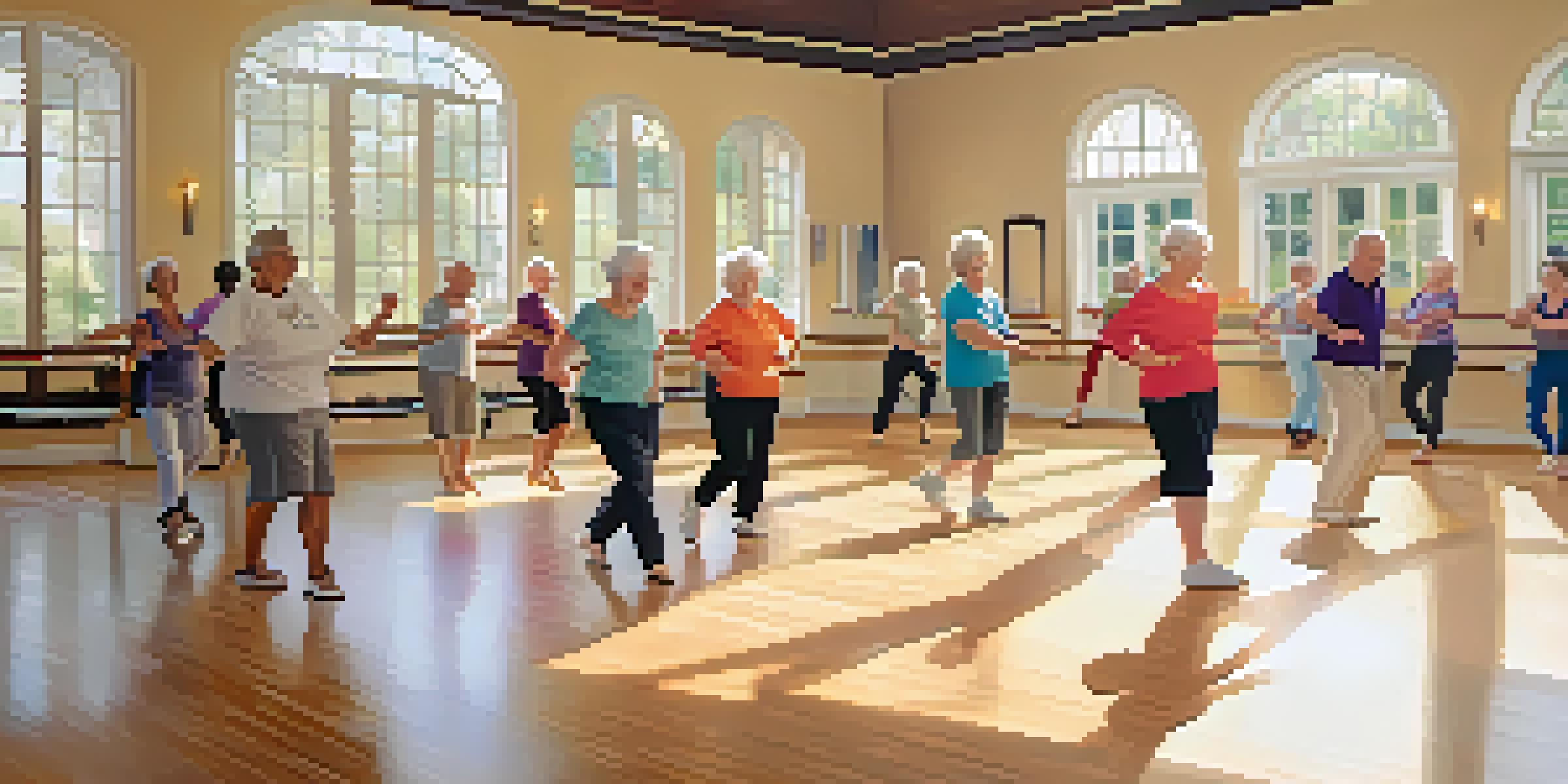 A dance studio filled with older adults happily participating in a group dance class, with mirrors and wooden floors illuminated by soft natural light.