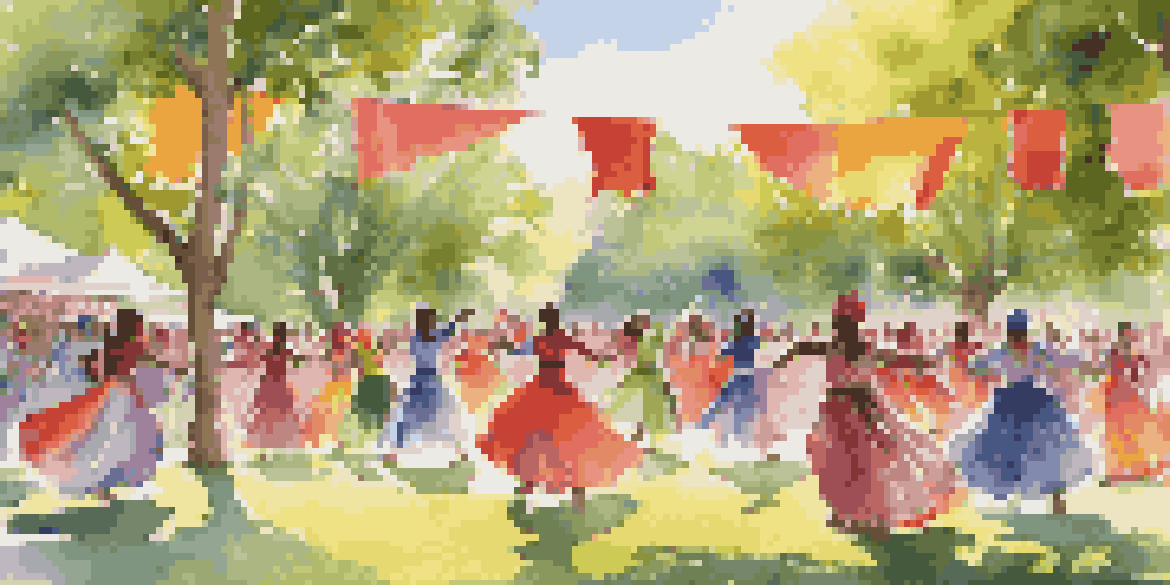 A lively outdoor community dance event featuring dancers in traditional costumes, with colorful banners and spectators enjoying the performance in a sunlit park.