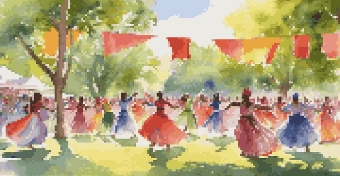 A lively outdoor community dance event featuring dancers in traditional costumes, with colorful banners and spectators enjoying the performance in a sunlit park.