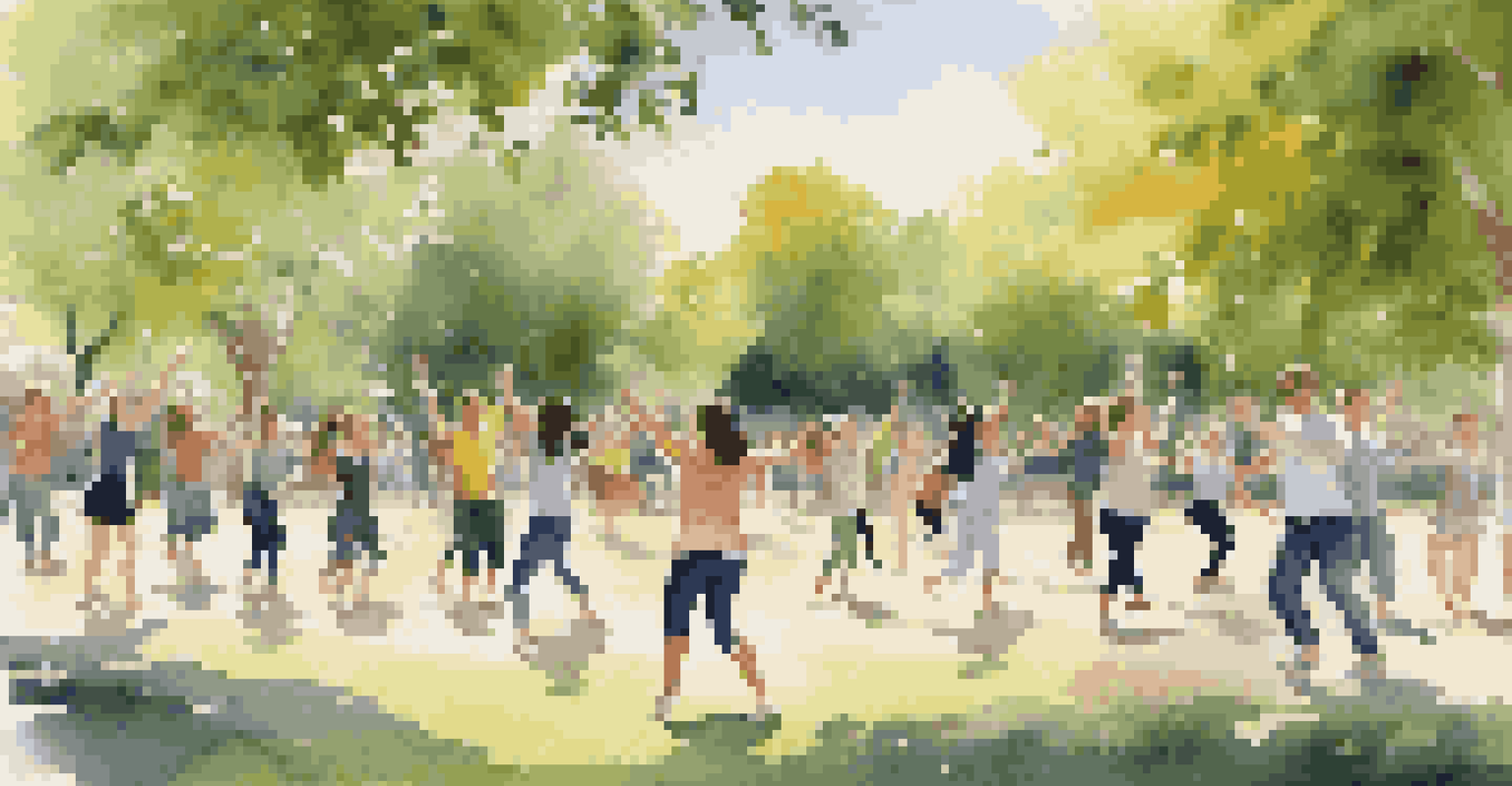 A group of students engaged in an outdoor dance workshop in a sunny park, surrounded by greenery, participating in an improvisational dance game.