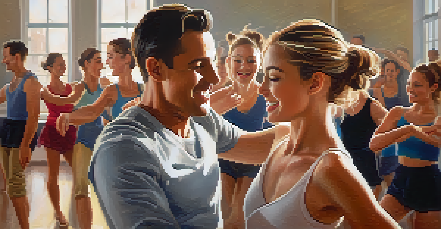Two dance partners closely engaged in a routine, displaying joyful expressions and synchronized movements in a softly lit environment.