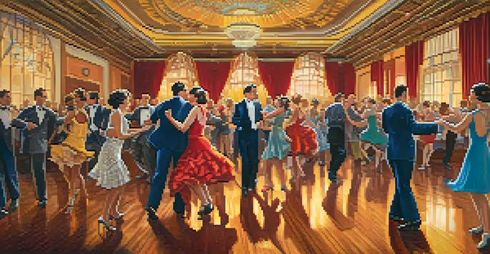 A vibrant swing dance scene in a vintage ballroom with dancers in colorful outfits and polished wooden floors reflecting warm light.