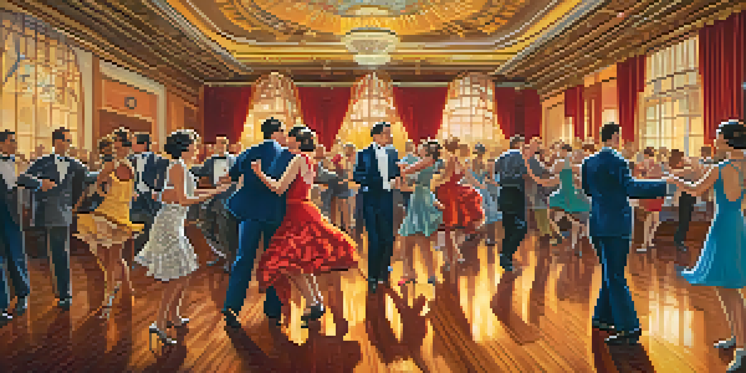 A vibrant swing dance scene in a vintage ballroom with dancers in colorful outfits and polished wooden floors reflecting warm light.