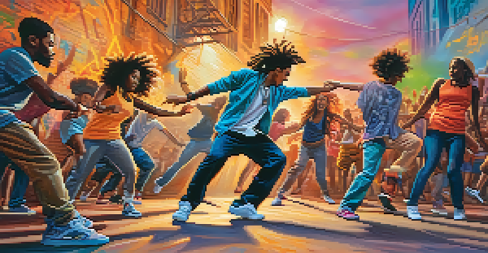 A breakdancer spinning in an urban environment, with colorful graffiti and a diverse audience watching, illuminated by sunset light.