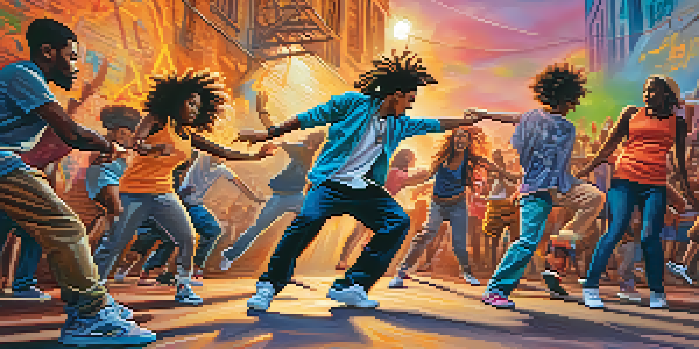 A breakdancer spinning in an urban environment, with colorful graffiti and a diverse audience watching, illuminated by sunset light.