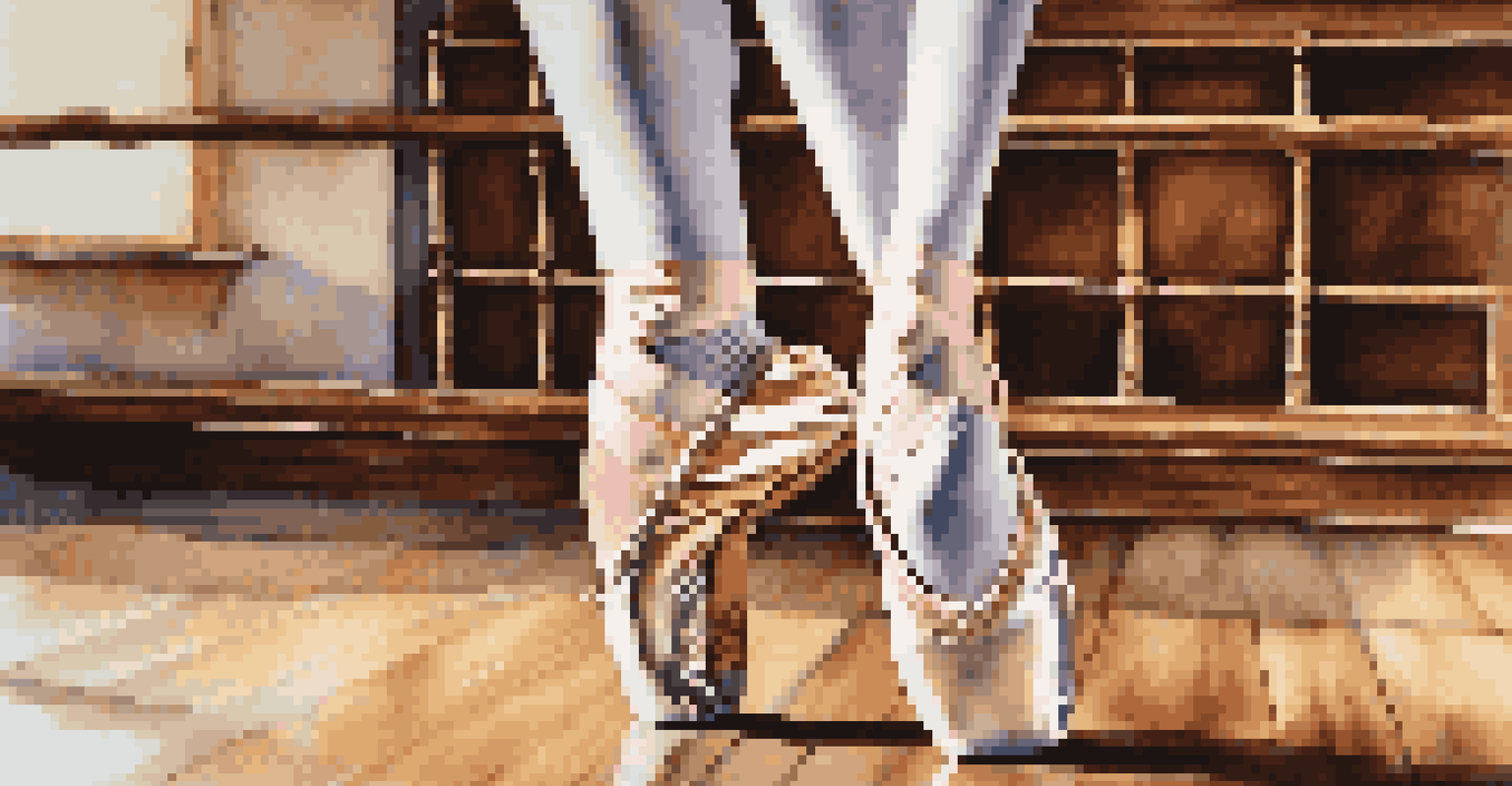 Close-up of a dancer's feet in ballet shoes on a polished wooden stage, showcasing the elegance and detail of the performance.