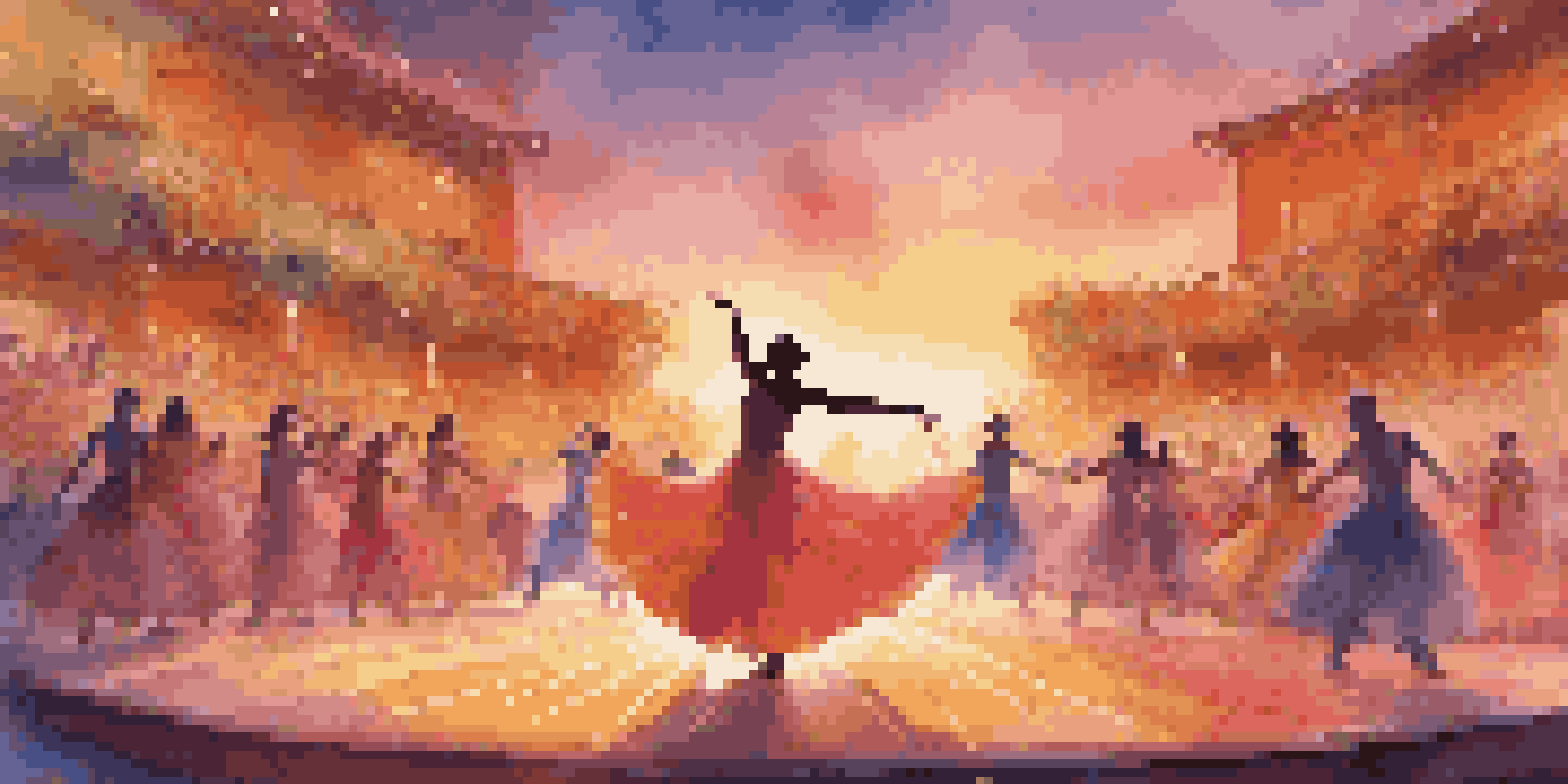 A dancer performing on an outdoor stage at sunset, surrounded by digital flowers created through projection mapping.