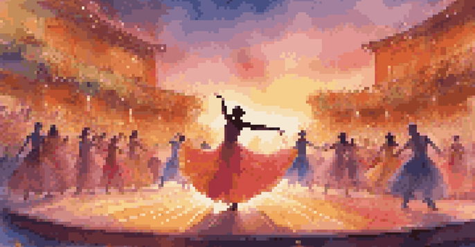 A dancer performing on an outdoor stage at sunset, surrounded by digital flowers created through projection mapping.