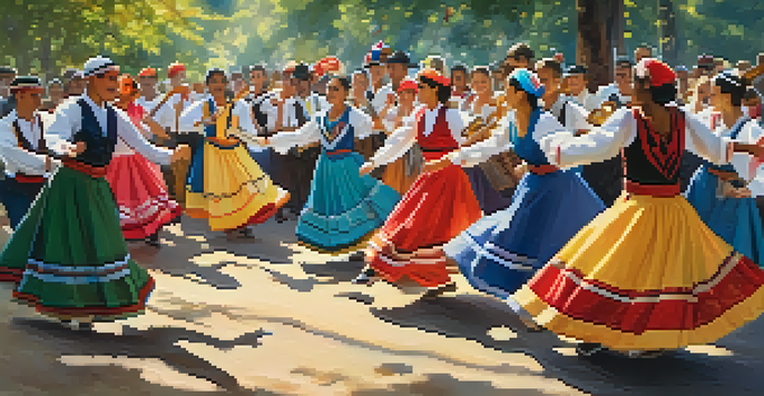 A lively folk dance festival with dancers in traditional costumes performing a circle dance, surrounded by colorful banners and an audience.