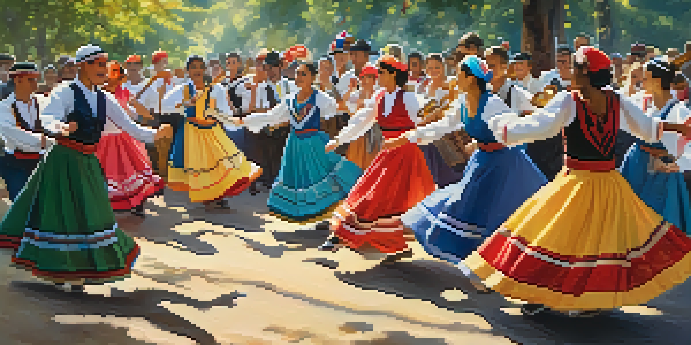 A lively folk dance festival with dancers in traditional costumes performing a circle dance, surrounded by colorful banners and an audience.