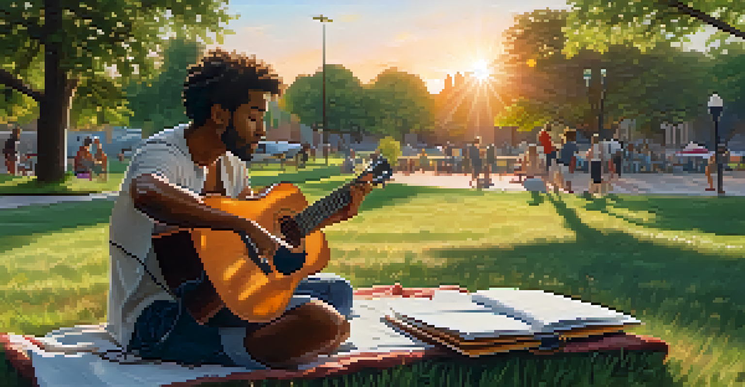 A musician practicing in a park at sunset, with greenery around and a notebook filled with practice goals beside them.