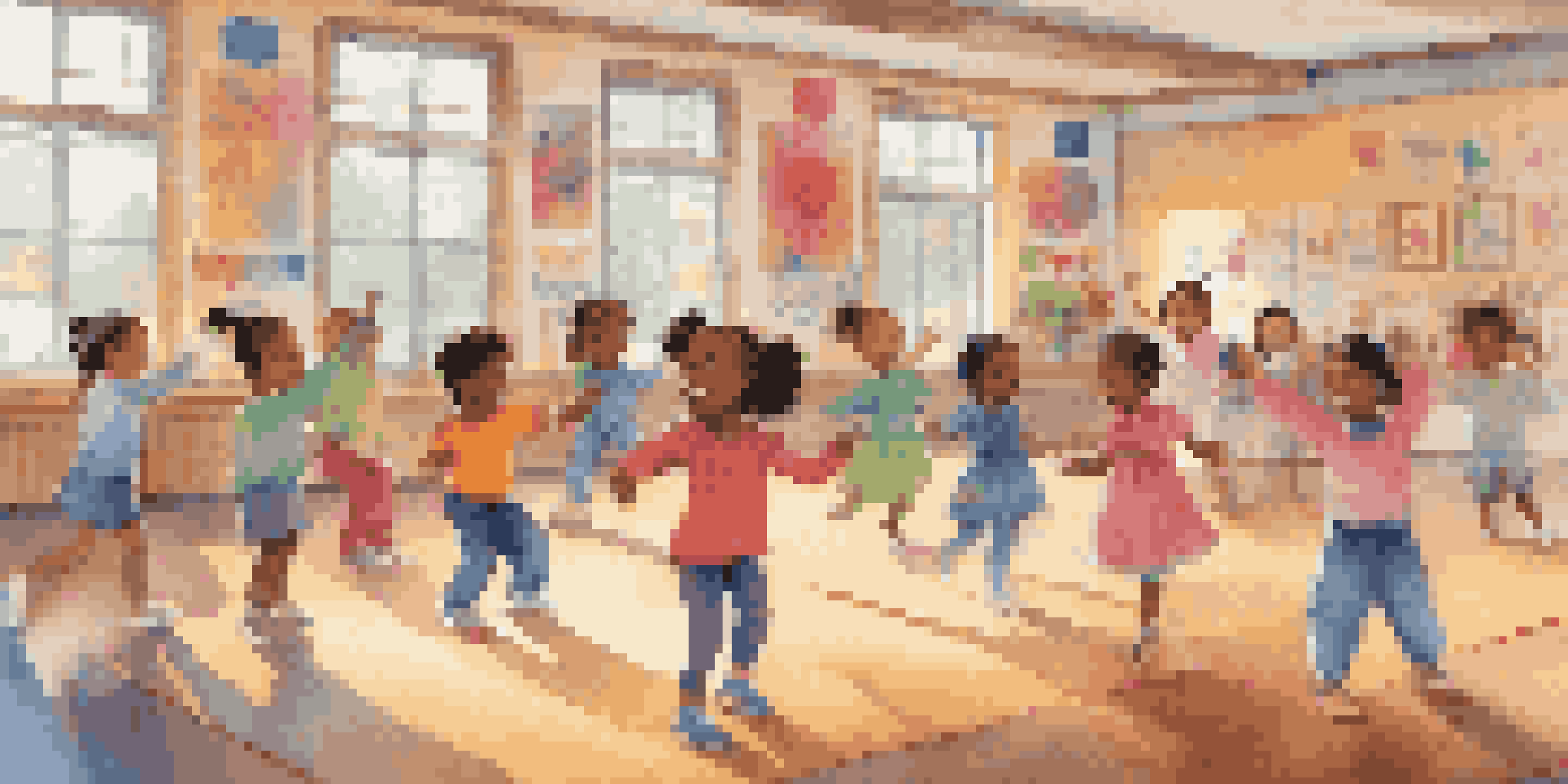 A lively classroom with children dancing joyfully, colorful decorations, and soft mats for safety.