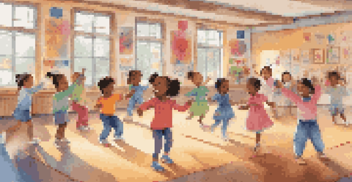 A lively classroom with children dancing joyfully, colorful decorations, and soft mats for safety.