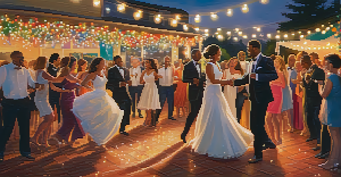 A diverse group of wedding guests dancing joyfully under twinkling lights as the sun sets in the background.