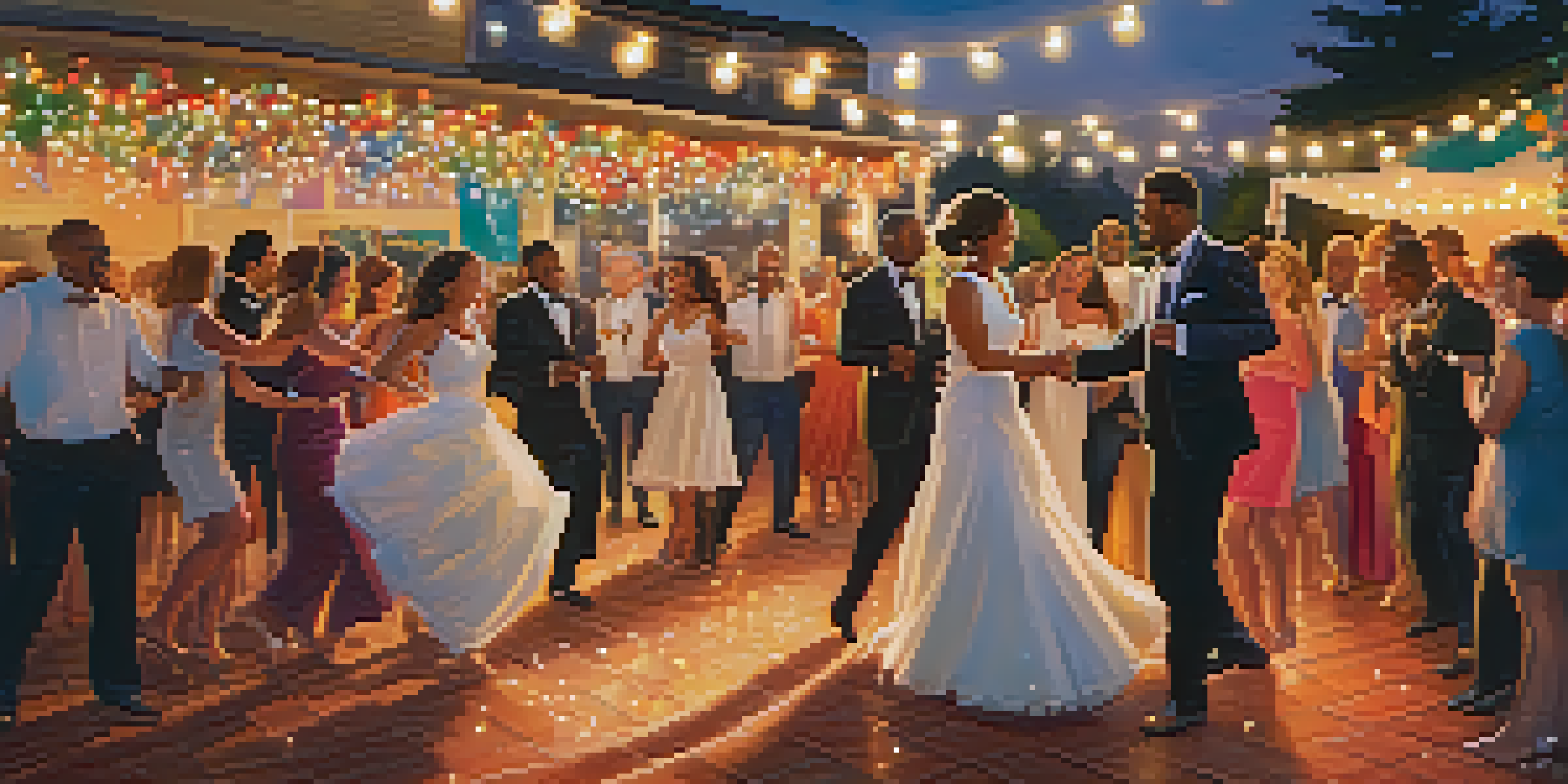 A diverse group of wedding guests dancing joyfully under twinkling lights as the sun sets in the background.