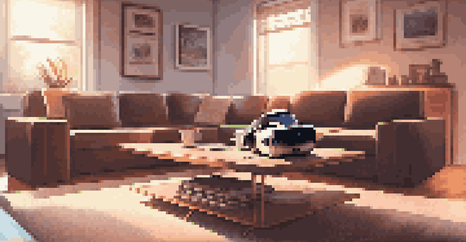 A close-up image of a VR headset and motion controllers on a coffee table with a cozy home setting.