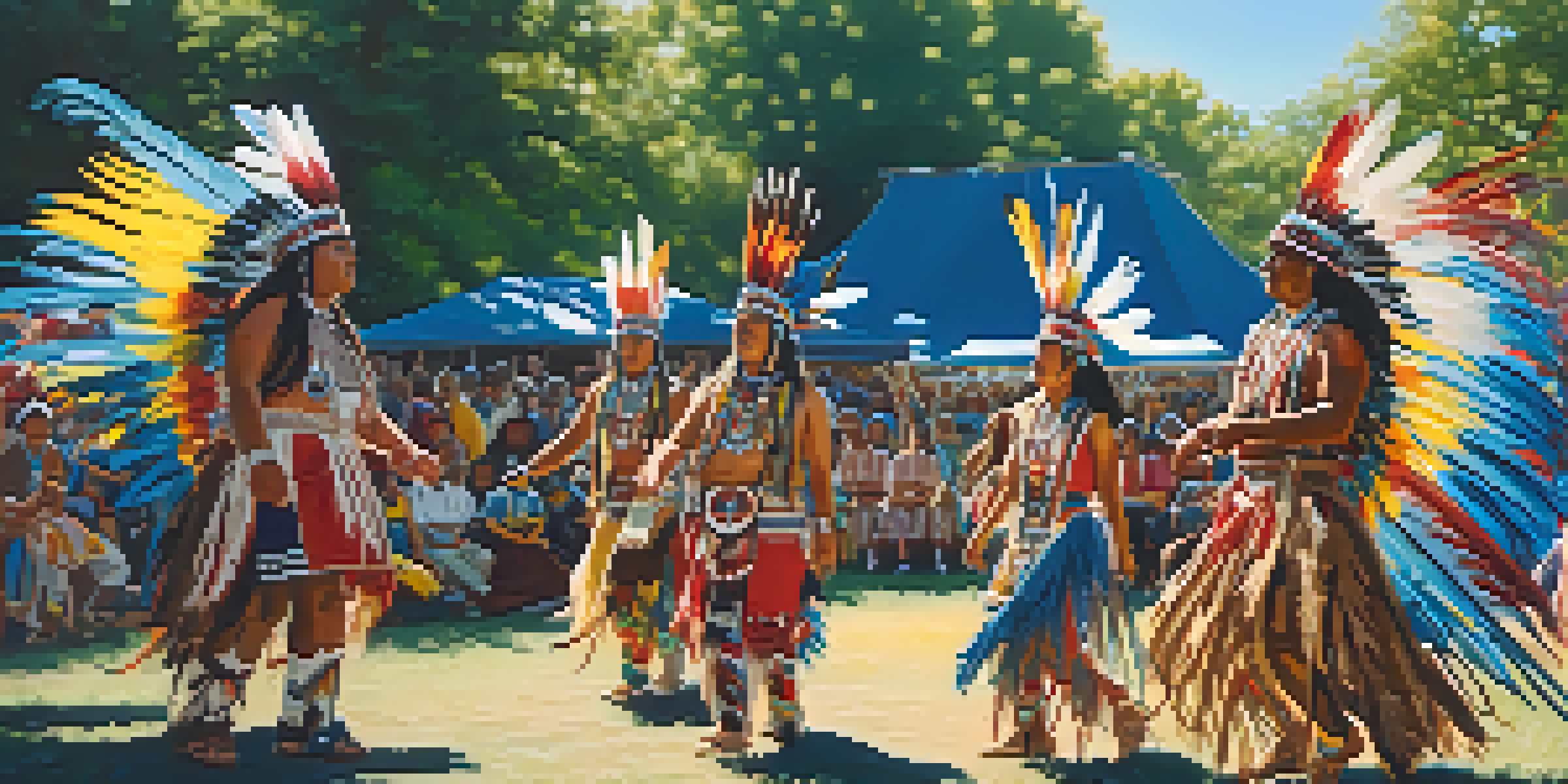 A lively powwow with Native American dancers in traditional attire, surrounded by an audience in a natural setting.