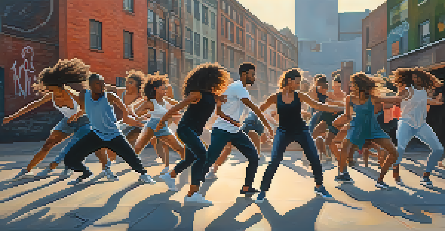 A group of diverse dancers performing contemporary dance in an urban environment, with graffiti walls and evening light.
