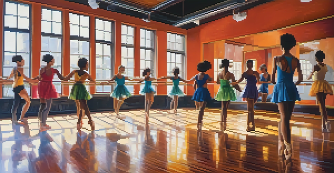 A lively dance studio with diverse dancers in colorful costumes, showcasing ballet, hip-hop, and salsa movements under natural light.
