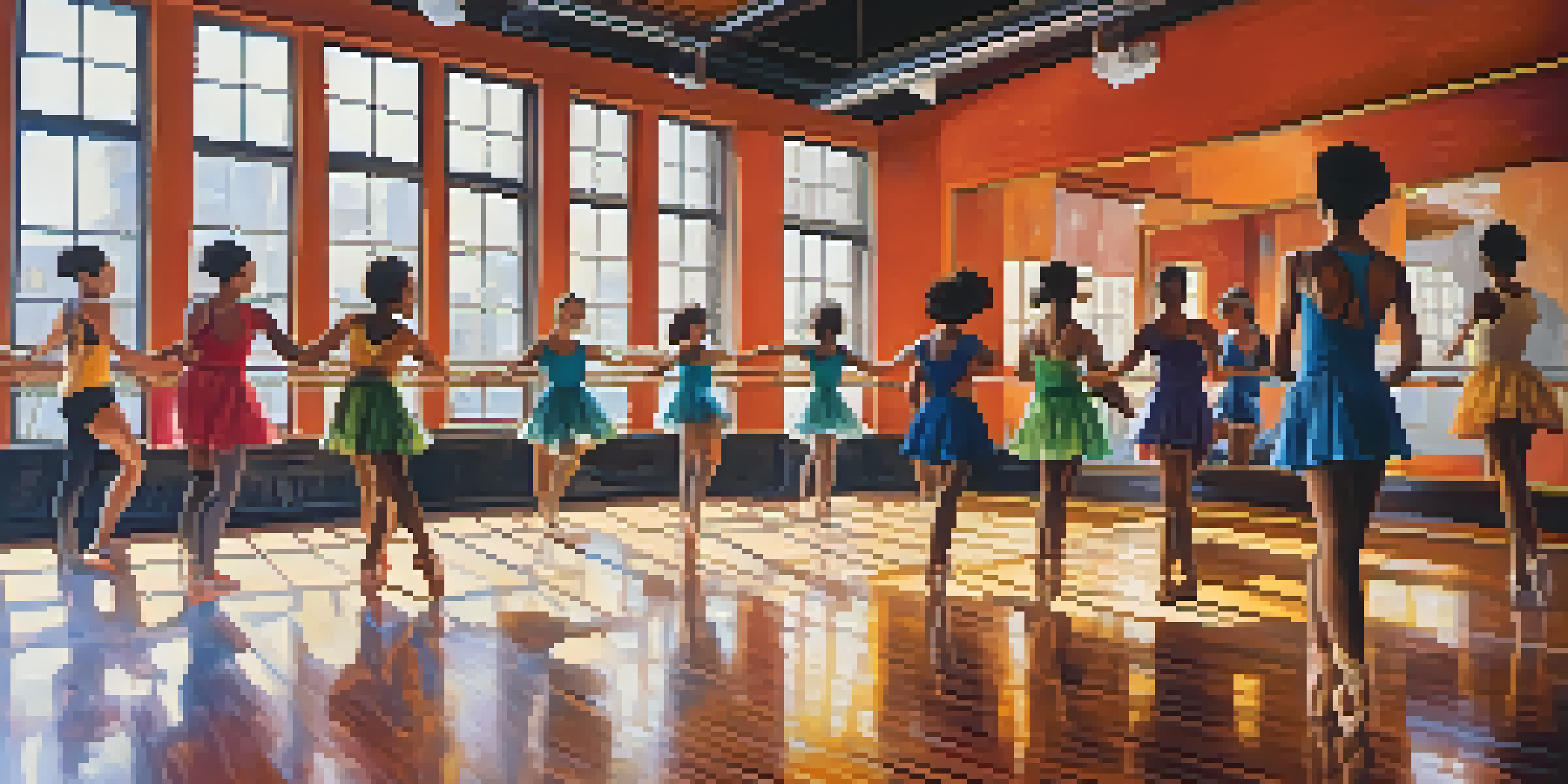 A lively dance studio with diverse dancers in colorful costumes, showcasing ballet, hip-hop, and salsa movements under natural light.