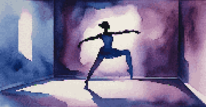 A dancer performing in a dimly lit room, surrounded by shadows and an abstract mural, illustrating themes of freedom and rebellion.