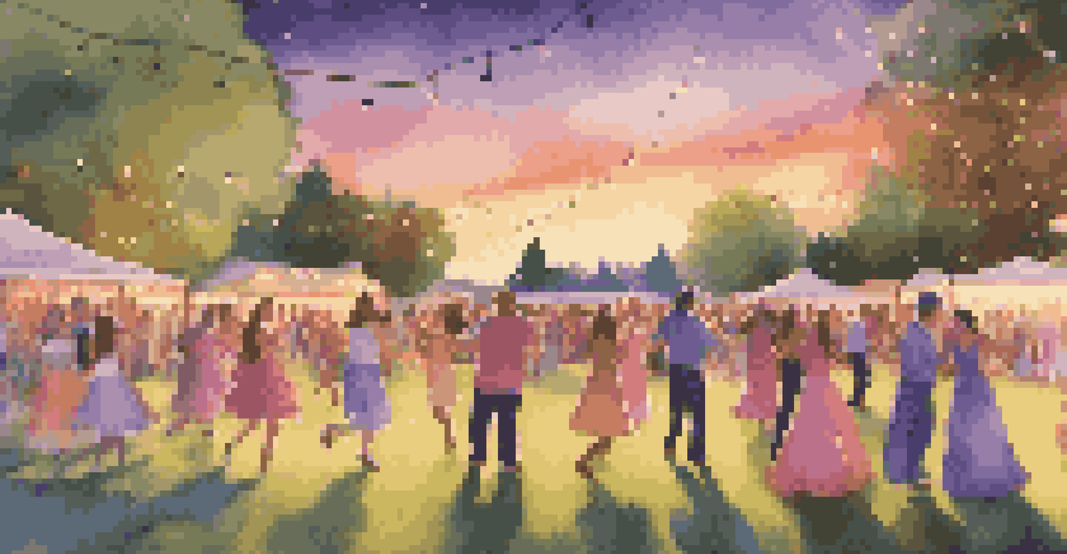A sunset outdoor community dance event with people of all ages joyfully dancing on a grassy field under twinkling lights.