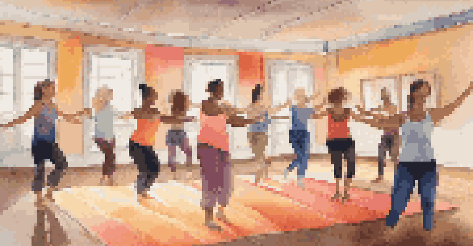 A cozy group dance class led by a therapist, with participants smiling and expressing themselves.