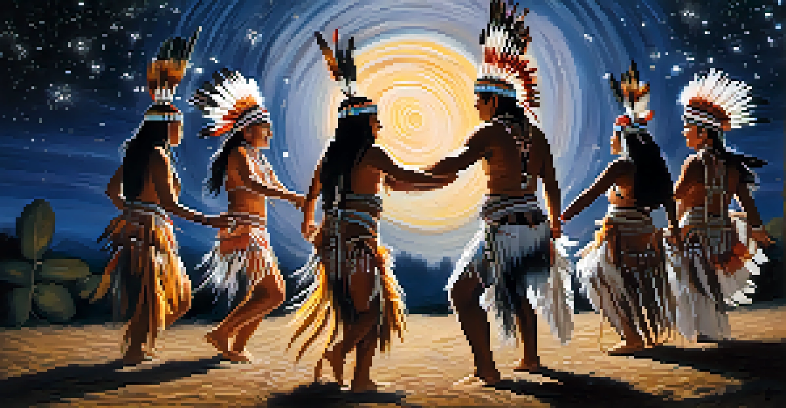 Native American dancers in traditional attire performing under a starry night sky, illuminated by soft, warm lighting.