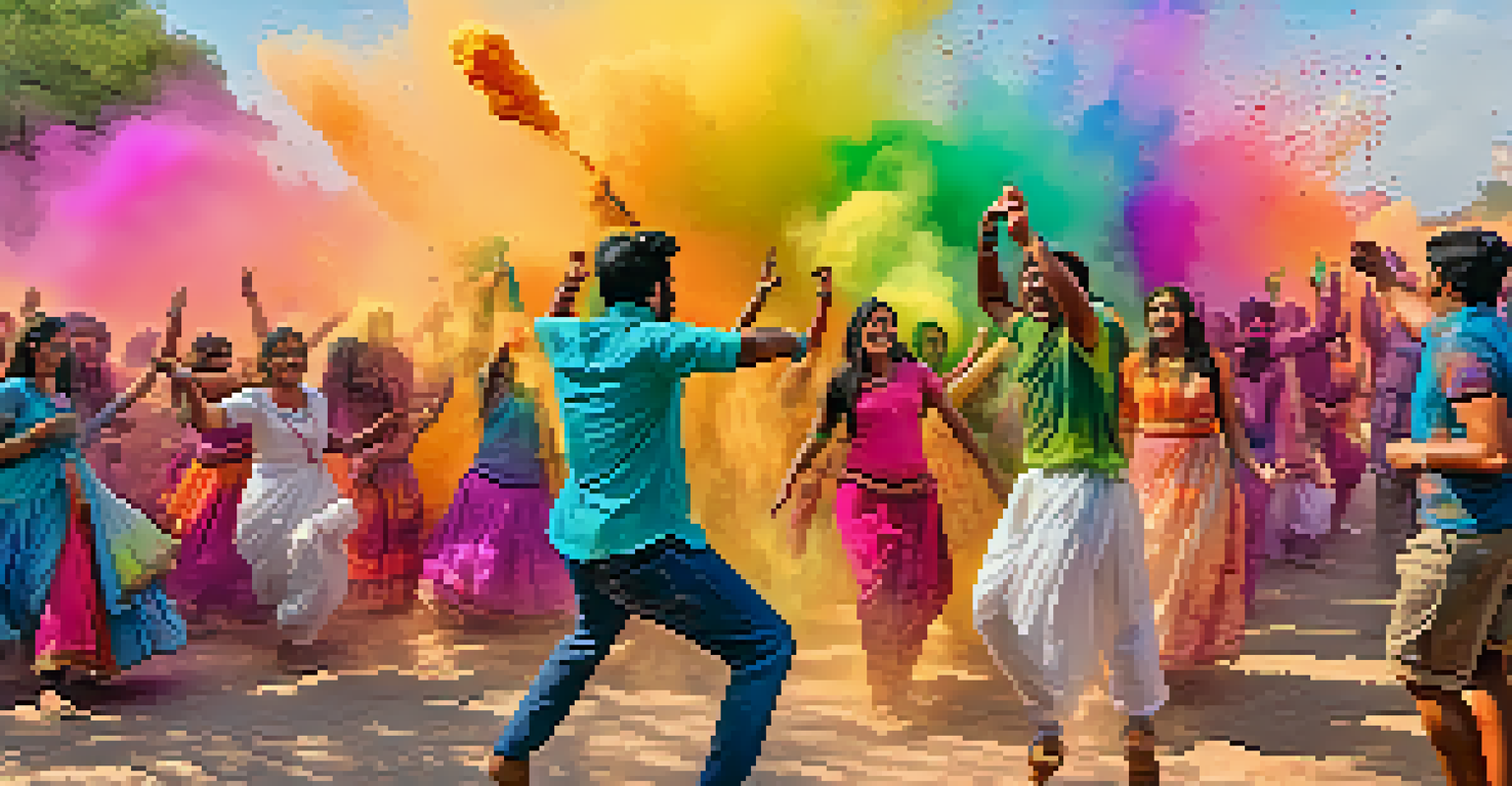 People celebrating Holi by dancing and throwing colorful powders, surrounded by a joyous atmosphere filled with colors.