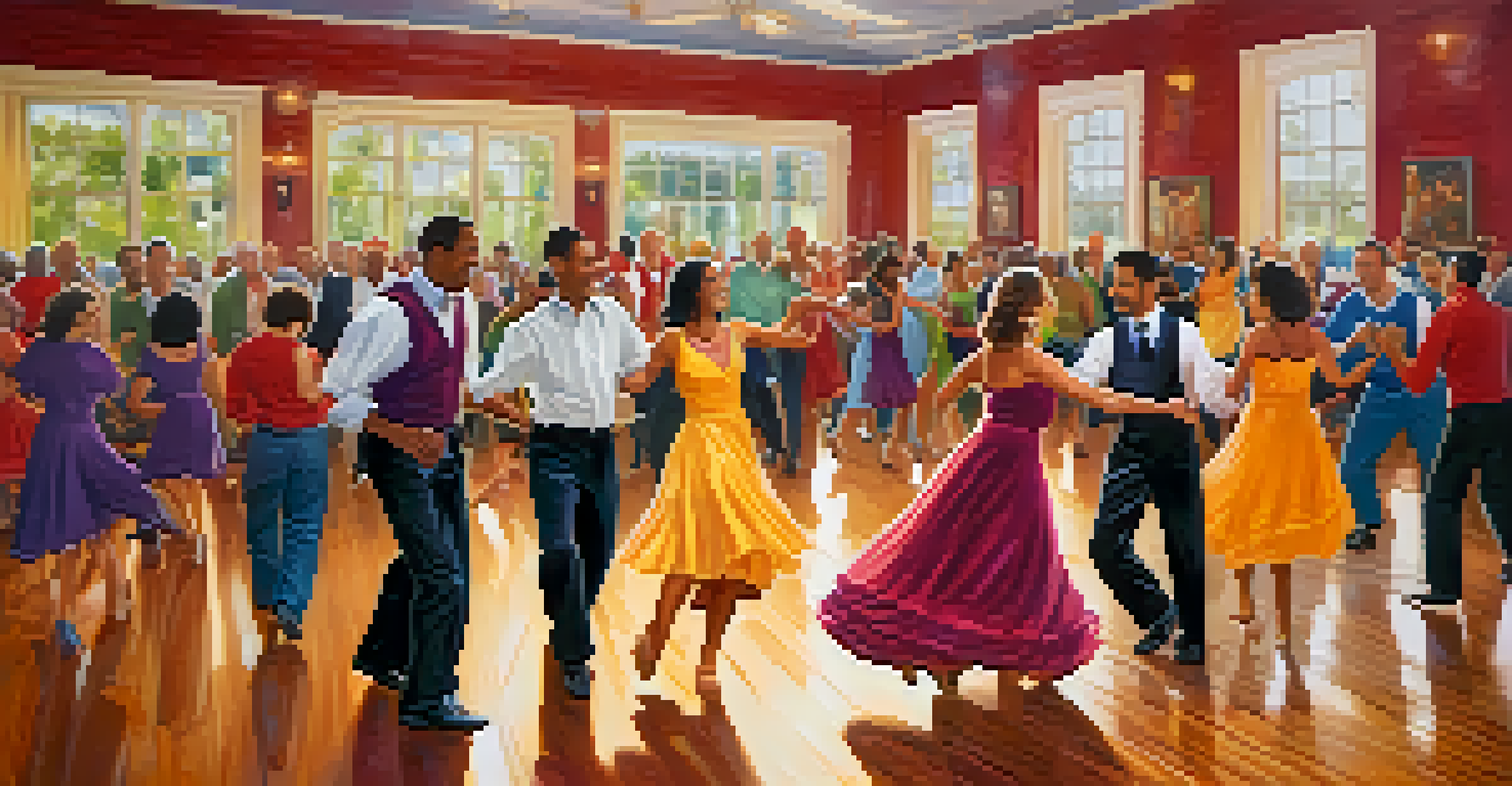 A lively social dance scene with couples dancing in a community hall, filled with joy and colorful decorations.