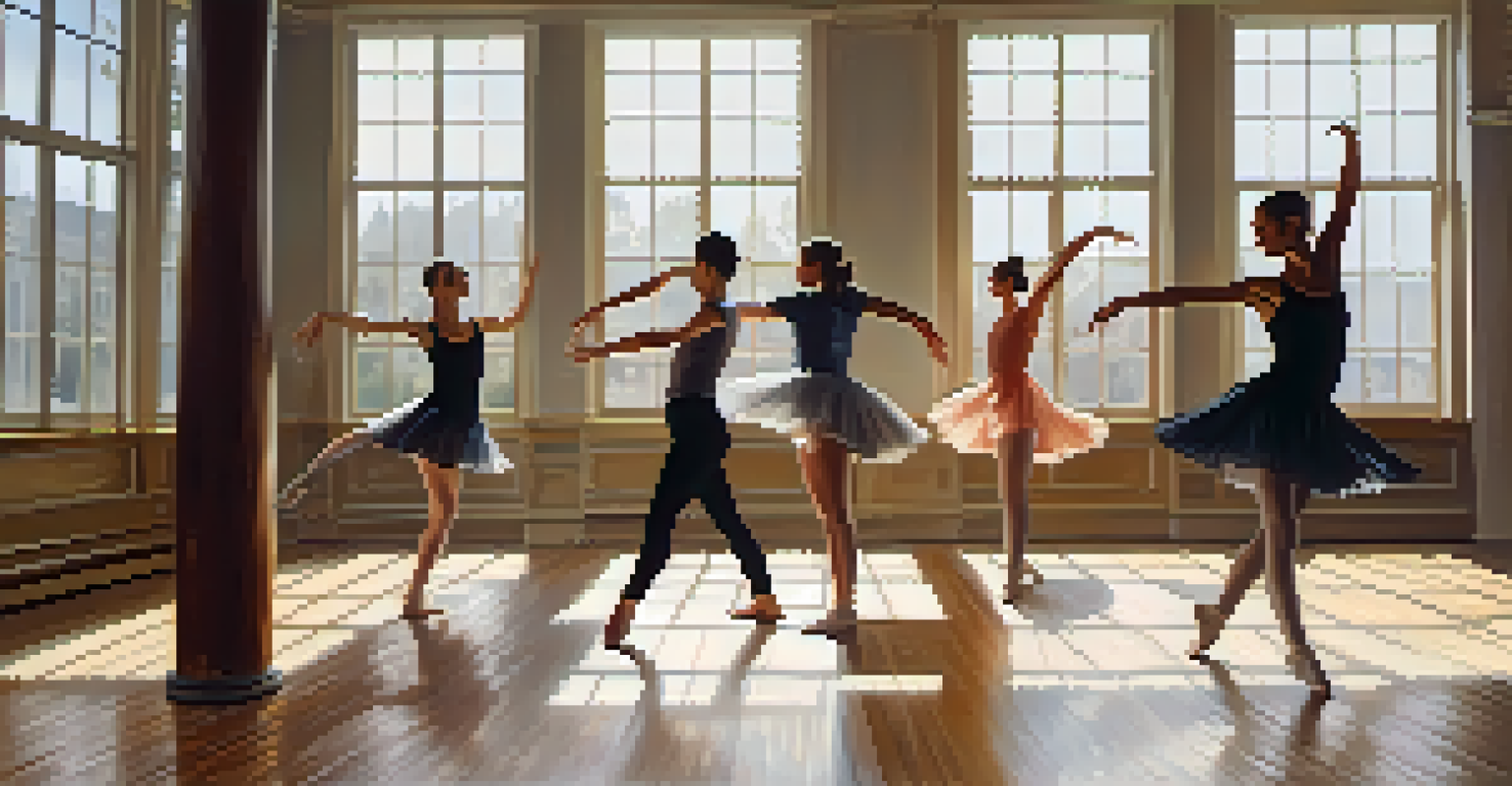 A diverse group of dancers in a bright studio, experimenting with different dance styles together.