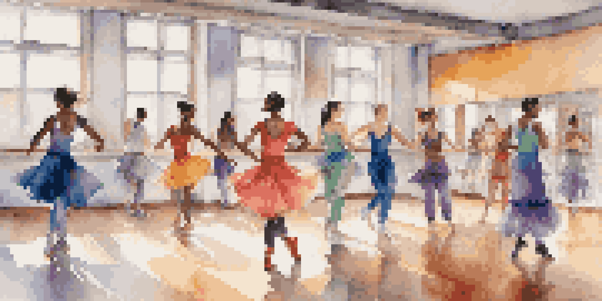A diverse group of dancers in a studio, wearing colorful and flowing outfits, showcasing various gender expressions.