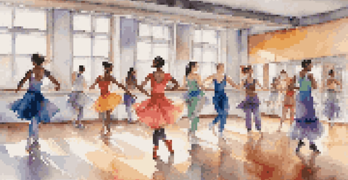 A diverse group of dancers in a studio, wearing colorful and flowing outfits, showcasing various gender expressions.