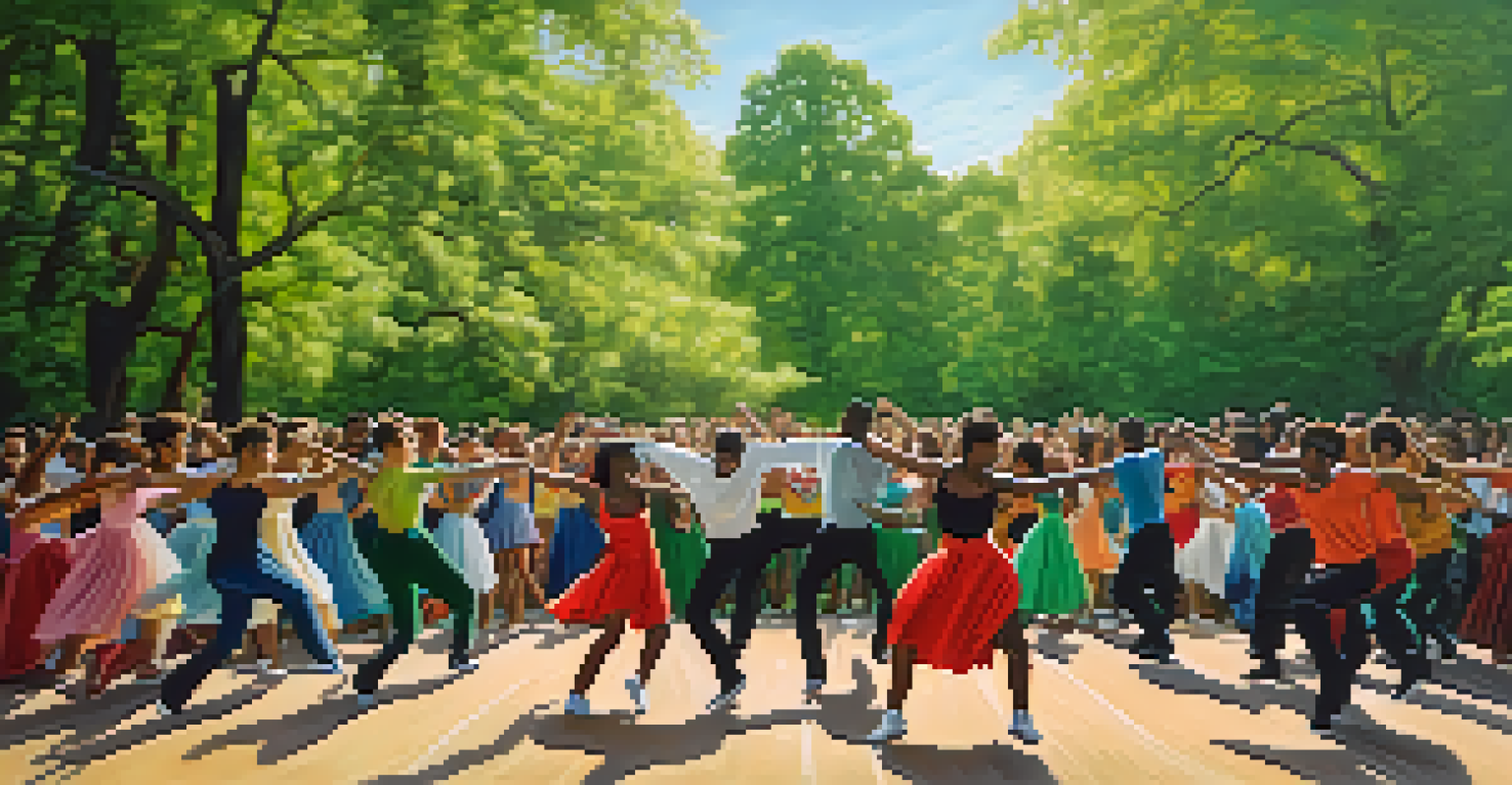 A group of dancers performing krumping in a park, showcasing powerful movements and a vibrant green background.